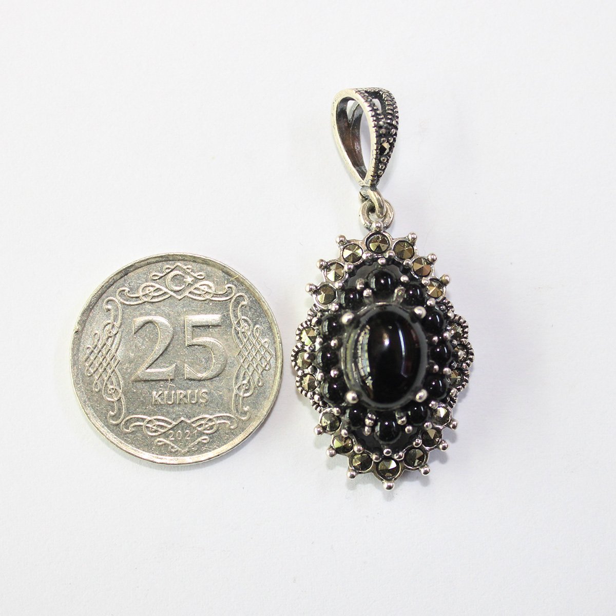 Markazit Oltu Taşlı Gümüş Kolye - 12