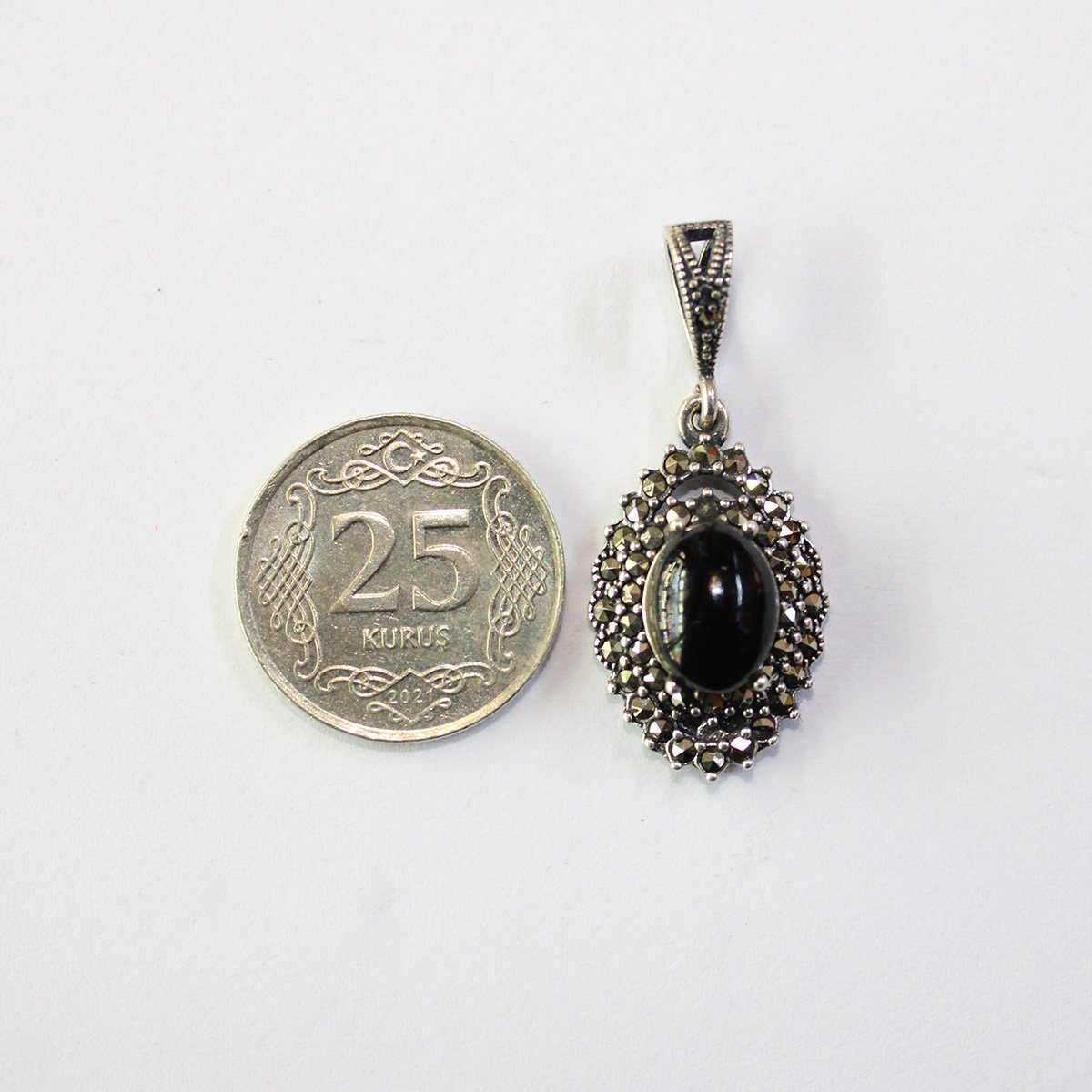Markazit Oltu Taşlı Gümüş Kolye - 14