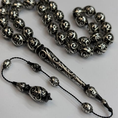 Usta İşi Nakkaş İşlemeli Oltu Taşı Tespih 9,5*13 (mm)