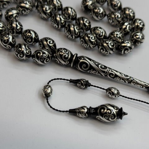 Usta İşi Nakkaş İşlemeli Oltu Taşı Tespih 9,5*13 (mm)