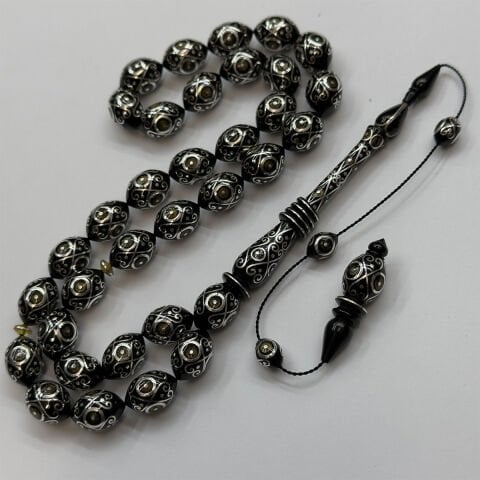 Usta İşi Nakkaş İşlemeli Oltu Taşı Tespih 9,5*14 (mm)