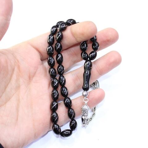 Burgu İşlemeli Oltu Taşı Tespih 6,5*10,5 (mm)