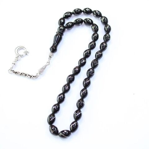 Burgu Dörtlü İşlemeli Oltu Taşı Tespih 7,5*10,5 (mm)