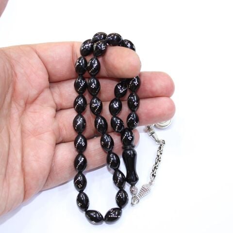 Burgu Dörtlü İşlemeli Oltu Taşı Tespih 7,5*10,5 (mm)