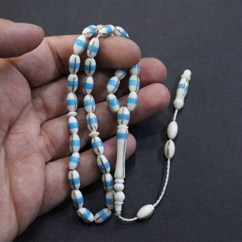 Mavi İşlemeli Deve Kemiği Beyzi Tespih 5,5*10 (mm)