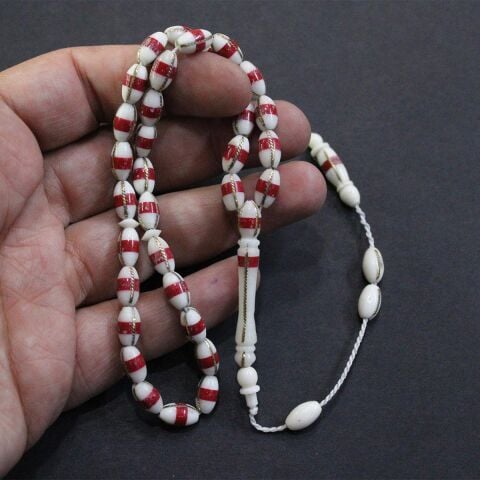 Kırmızı İşlemeli Deve Kemiği Beyzi Tespih 5,5*10 (mm)