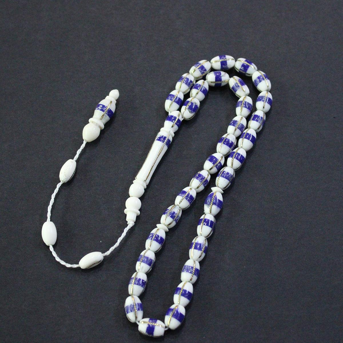 Lacivert İşlemeli Deve Kemiği Beyzi Tespih 5,5*10 (mm)