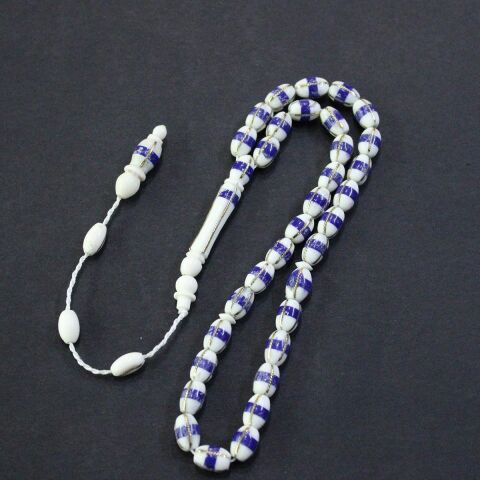 Lacivert İşlemeli Deve Kemiği Beyzi Tespih 5,5*10 (mm)