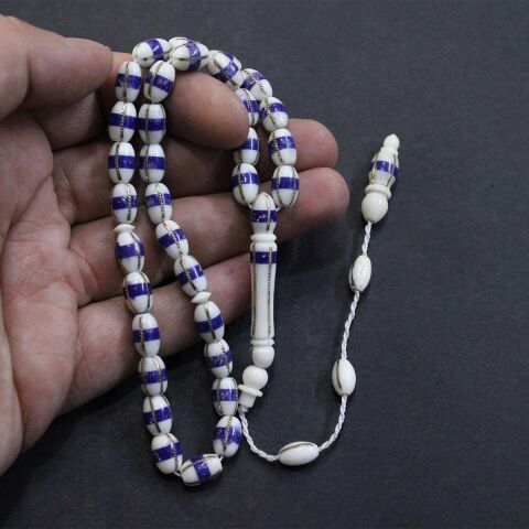 Lacivert İşlemeli Deve Kemiği Beyzi Tespih 5,5*10 (mm)