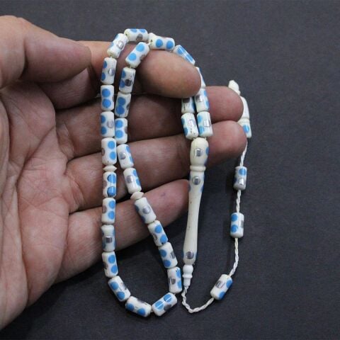 Mavi İşlemeli Deve Kemiği Kapsül Tespih 5*9,5 (mm)