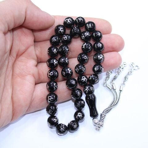 Üç Hilal İşlemeli Oltu Taşı Tespih 9 (mm)