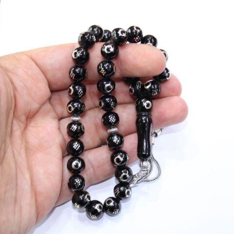 Ay Yıldız İşlemeli Oltu Taşı Tespih 9 (mm)