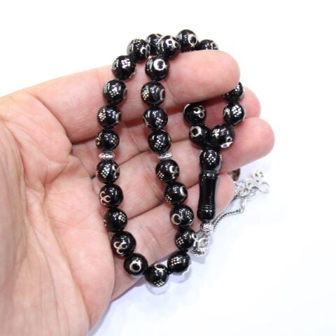 Ay Yıldız & Üç Hilal İşlemeli Oltu Taşı Tespih 8,5 (mm)