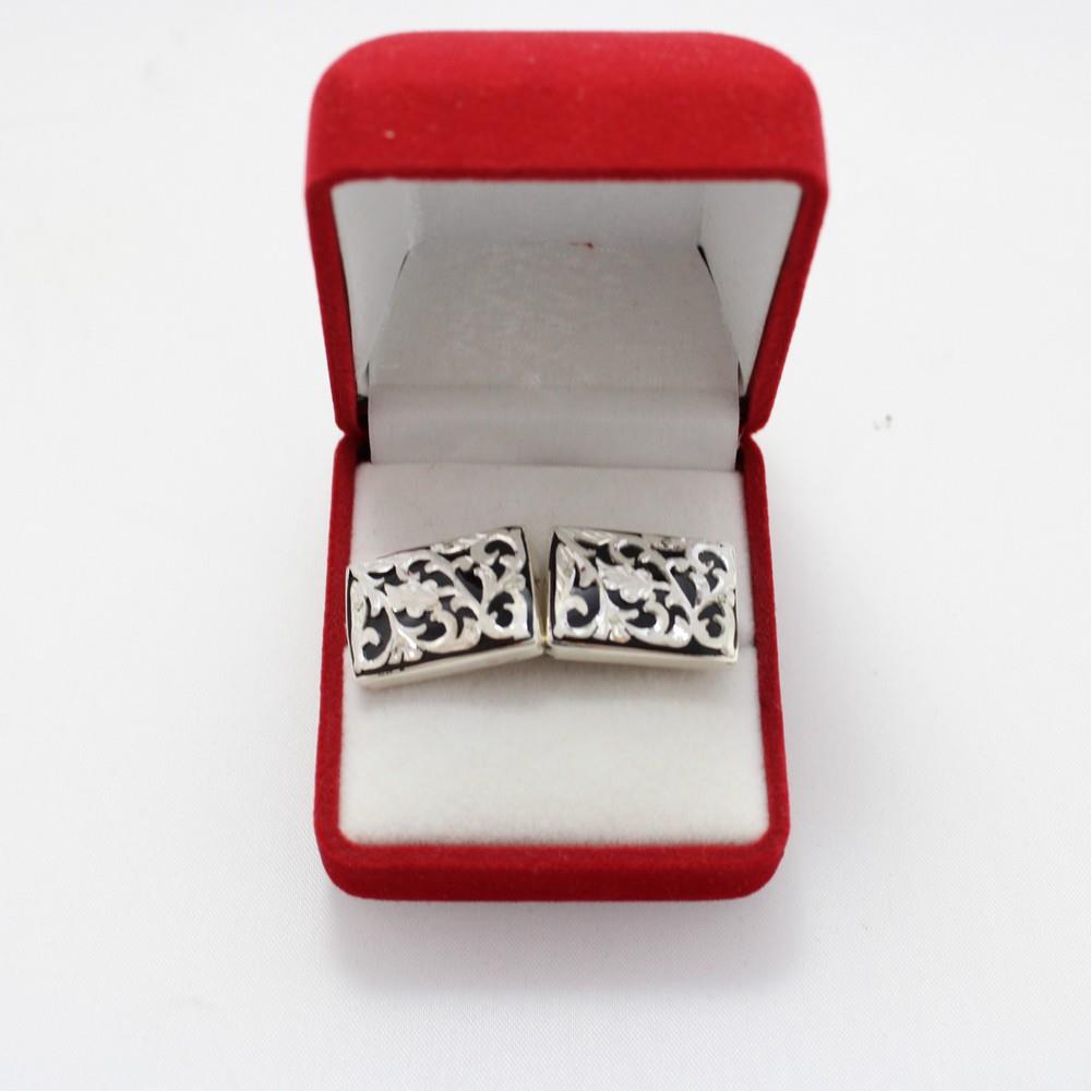 El Yapımı Gümüş Oltu Taşı & Güllü Dikdörtgen Kol Düğmesi