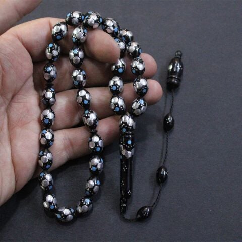 Mavi Alüminyum İşlemeli Siyah Kuka Tespih 8*11,5 (mm)