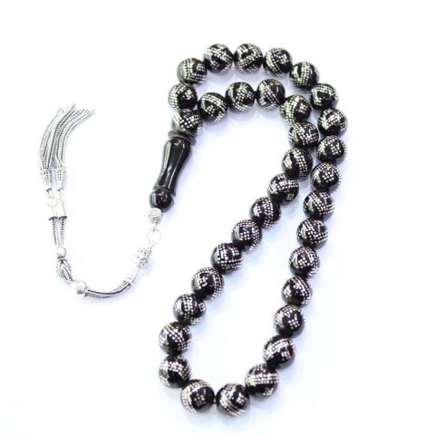 Üçlü V & Baklava İşlemeli Oltu Taşı Tespih 10,5 (mm)