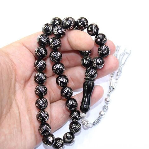 Üçlü V & Baklava İşlemeli Oltu Taşı Tespih 10,5 (mm)