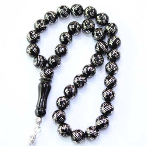 Üçlü V & Baklava İşlemeli Oltu Taşı Tespih 10,5 (mm)