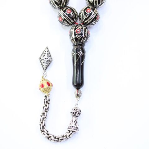 Mercan İşlemeli Maskot Oltu Taşı Tespih