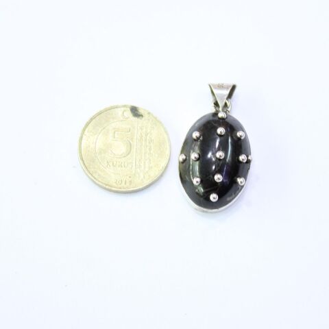 El Yapımı Gümüş Oltu Taşı Güverseli Kolye Oval Model No-1