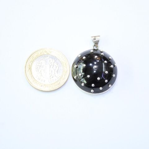 El Yapımı Gümüş Oltu Taşı Güverseli Kolye Yuvarlak Model No-5