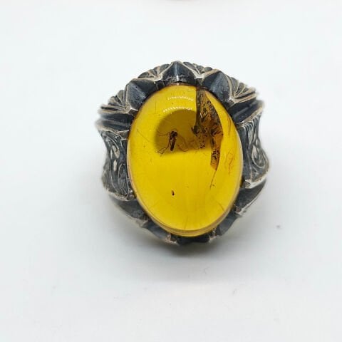 El Yapımı Haşere Fosilli Damla Kehribar Yüzük