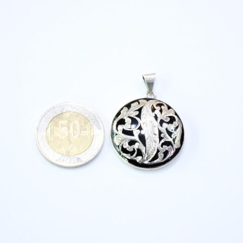 El Yapımı Gümüş Oltu Taşı Güllü Kolye Yuvarlak Model No-3