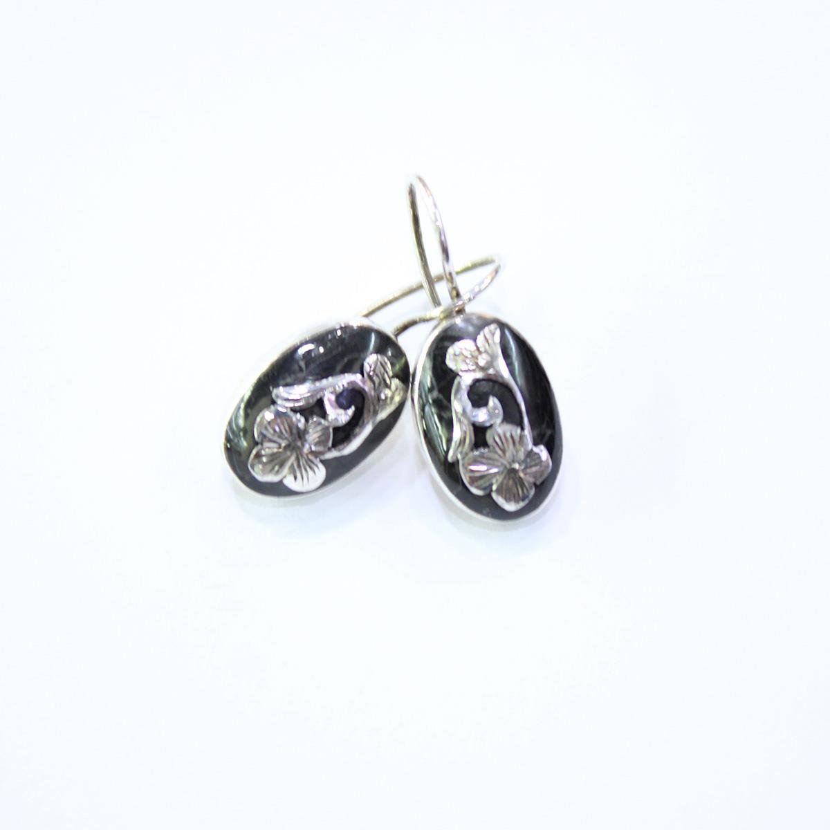 El Yapımı Gümüş Oltu Taşı Gerli Güllü Küpe Oval Model -1