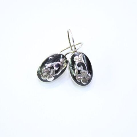 El Yapımı Gümüş Oltu Taşı Gerli Güllü Küpe Oval Model -1