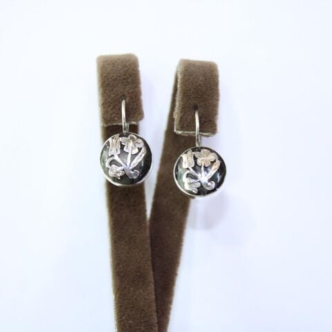 El Yapımı Gümüş Oltu Taşı Güllü Gerli Küpe Yuvarlak Model -1