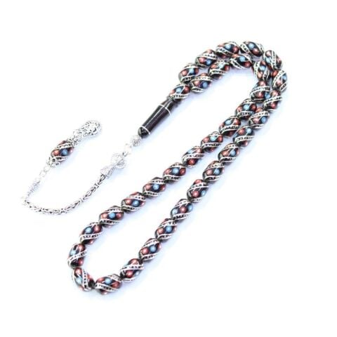 Mercan Firuze İşlemeli Oltu Taşı Tespih 8*12 (mm)