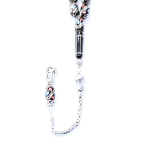 Mercan Firuze İşlemeli Oltu Taşı Tespih 8*12 (mm)