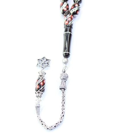 Mercan İşlemeli Oltu Taşı Tespih 8*12 (mm)