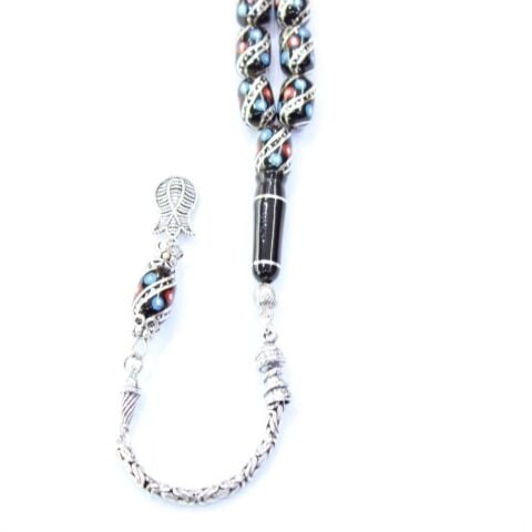 Firuze Mercan İşlemeli Oltu Taşı Tespih 8*12 (mm)