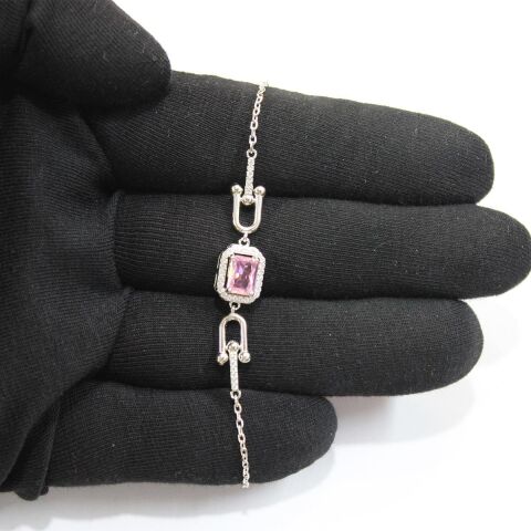 Pembe Taşlı Gümüş Bileklik