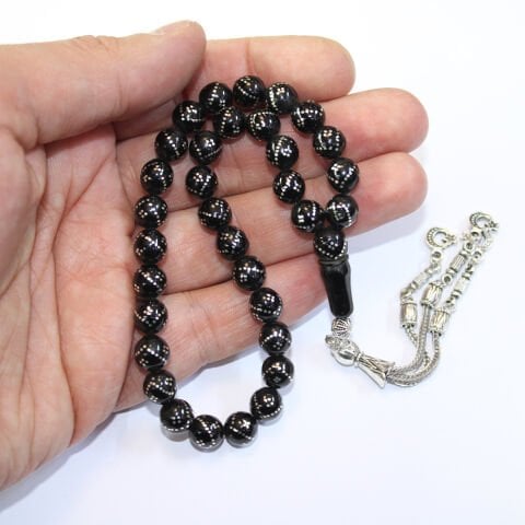 V Dörtlü İşlemeli Oltu Taşı Tespih 8,5 (mm)