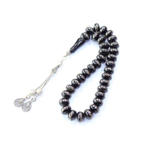 Basık Çift Sıra İşlemeli Oltu Taşı Tespih 10 (mm)