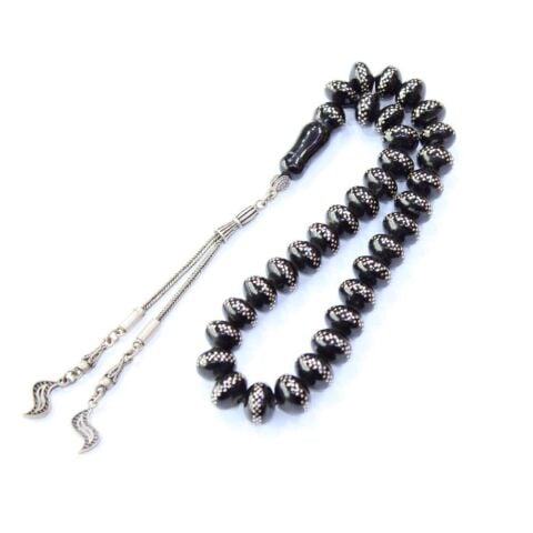 Basık Çift Sıra İşlemeli Oltu Taşı Tespih 11*7,5 (mm)