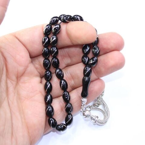 Burgu İşlemeli Oltu Taşı Tespih 6,5*10 (mm)