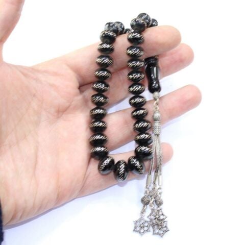 Basık Çift Sıra İşlemeli Oltu Taşı Tespih 13 (mm)