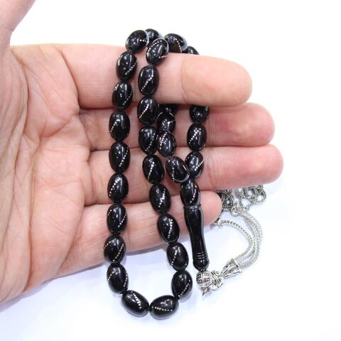 Burgu İşlemeli Oltu Taşı Tespih 6*10 (mm)