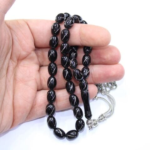 Burgu İşlemeli Oltu Taşı Tespih 6*10 (mm)