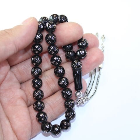 Dörtlü Baklava İşleme Oltu Taşı Tespih 9 (mm)