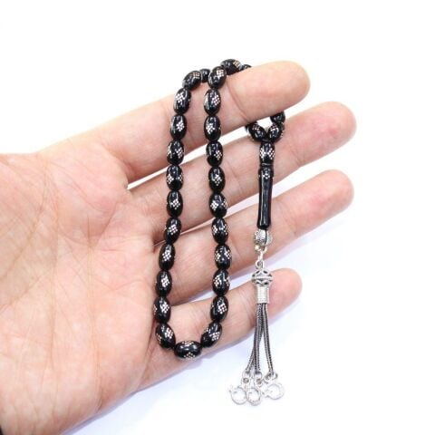 Baklava İşlemeli Oltu Taşı Tespih 6*9,5 (mm)