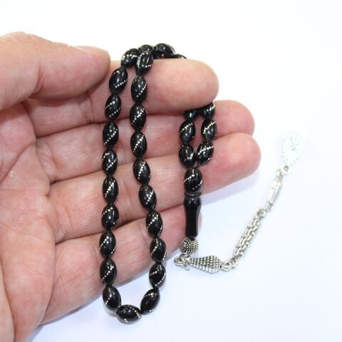 Burgu İşlemeli Oltu Taşı Tespih 5,5*8,5 (mm)