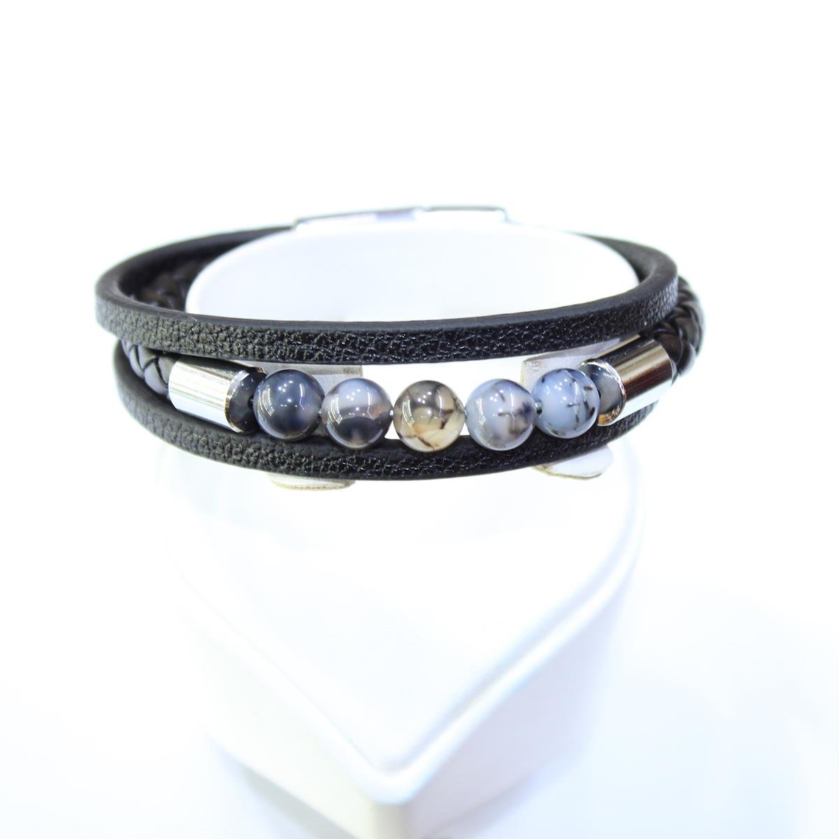 Siyah Deri Örme Kuvars Taşlı Bileklik