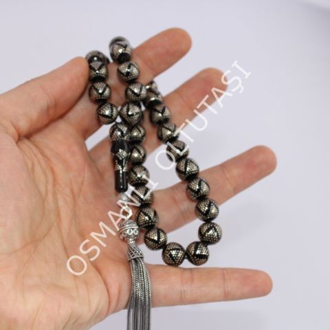 Gümüş İşlemeli Piramit Desen Küre Kesim Oltu Taşı Tespih 11 (mm)