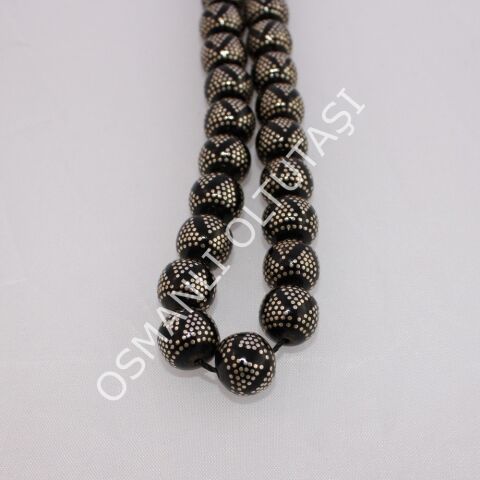 Gümüş İşlemeli Piramit Desen Küre Kesim Oltu Taşı Tespih 11 (mm)