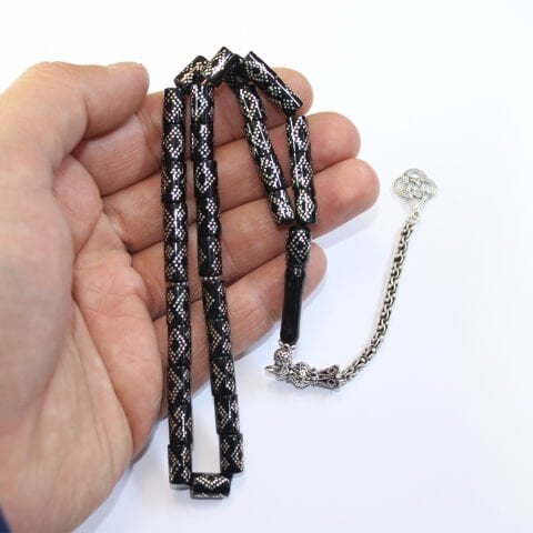 Kesme Baklava İşlemeli Oltu Taşı Tespih 6,5*9,5 (mm)