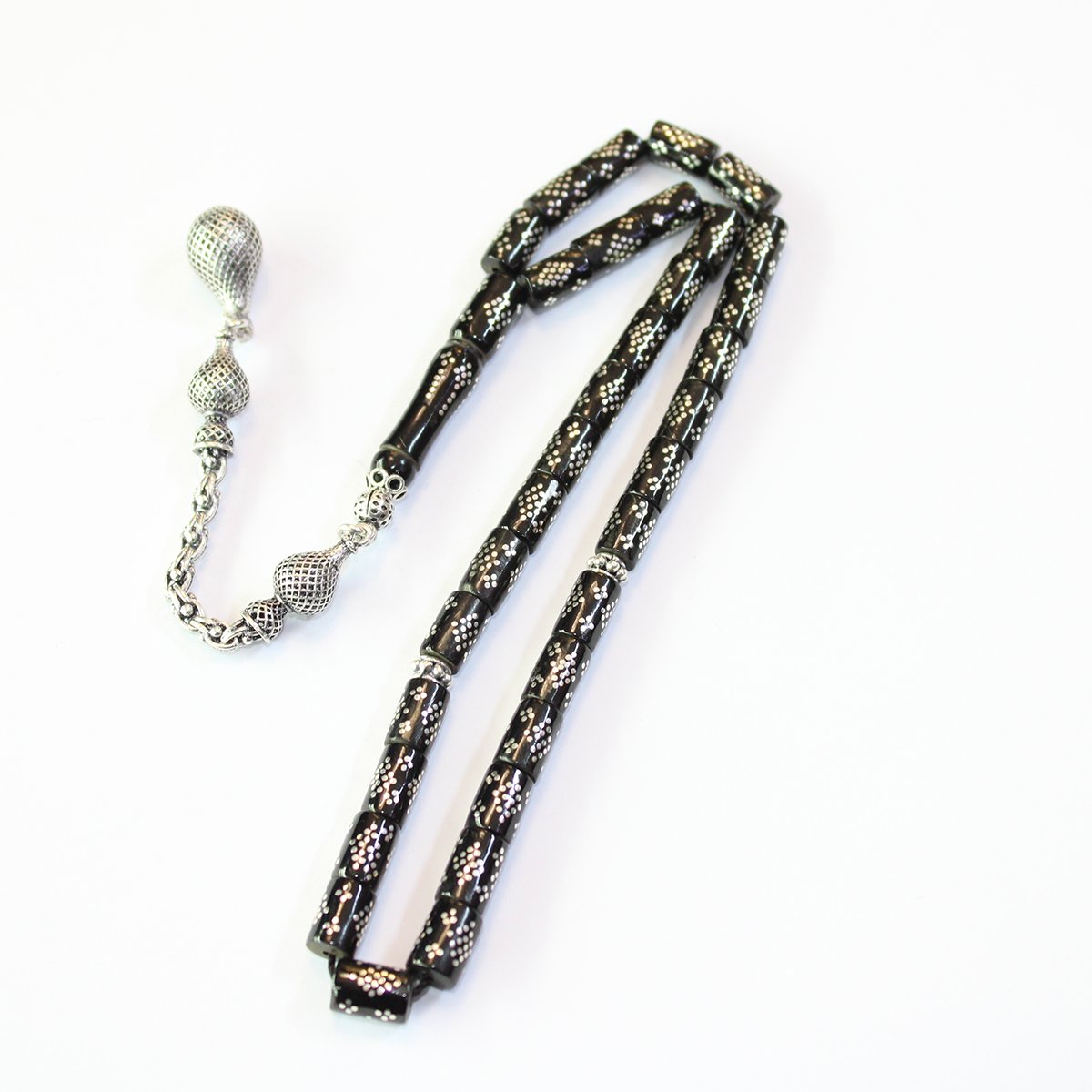 Dörtlü Baklava İşlemeli Kesme Oltu Taşı Tespih 5,5*8,5 (mm)